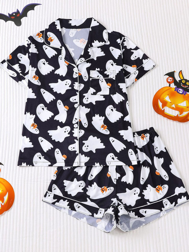 Pyjama Noir Halloween Imprimé Fantôme Chemise & Short Années 1950 4