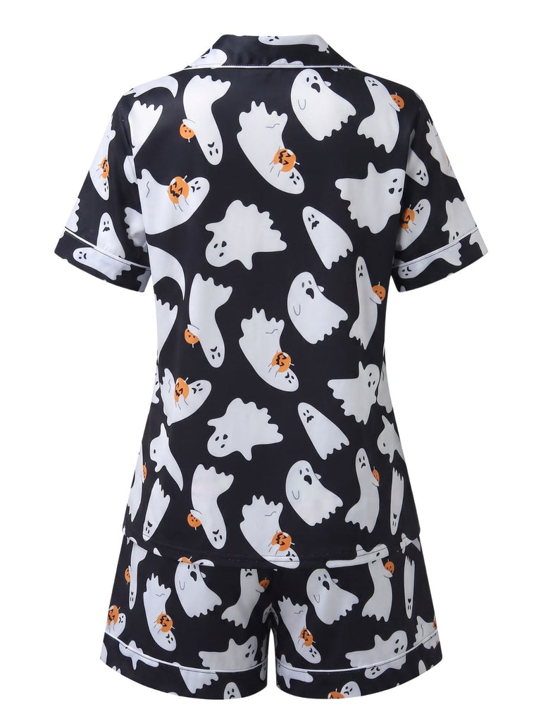 Pyjama Noir Halloween Imprimé Fantôme Chemise & Short Années 1950 3