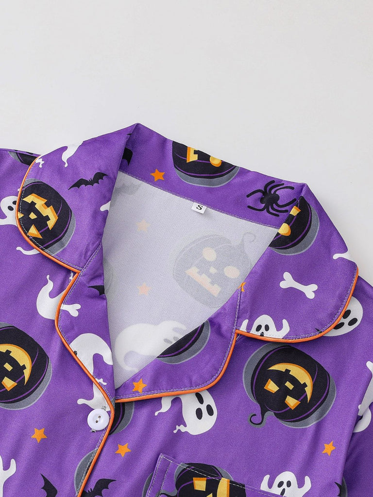 Ensemble pyjama violet d’Halloween à fantômes et citrouilles avec short années 1950