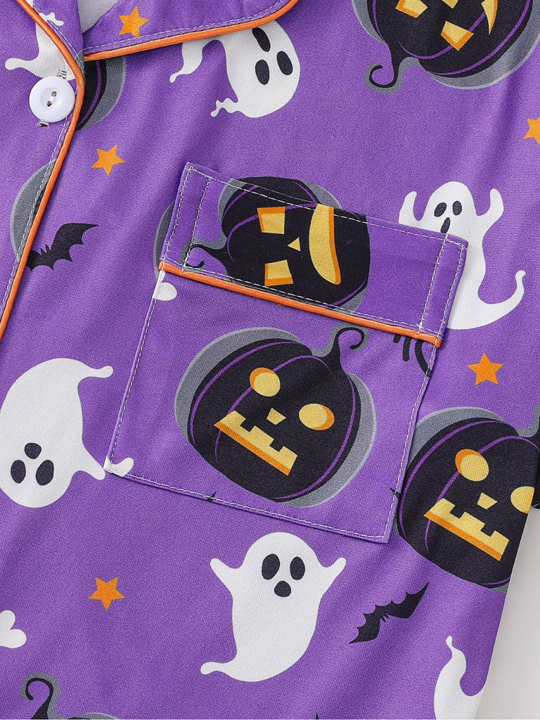Ensemble pyjama violet d’Halloween à fantômes et citrouilles avec short années 1950