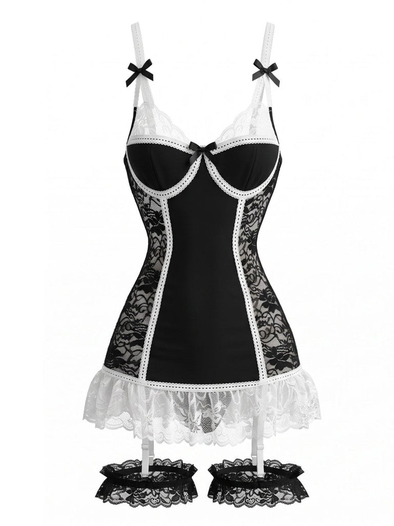 Ensemble lingerie de nuit noir en dentelle avec porte-jarretelles Années 1980 - 3