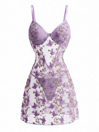 Sleepwear Lavande Filet 3D Butterfly Embroidery Slip Nightgown Années 1970