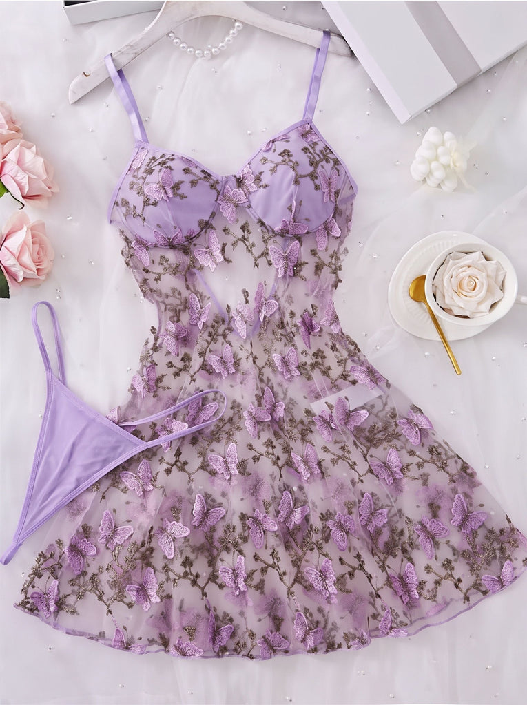 Sleepwear Lavande Filet 3D Butterfly Embroidery Slip Nightgown Années 1970