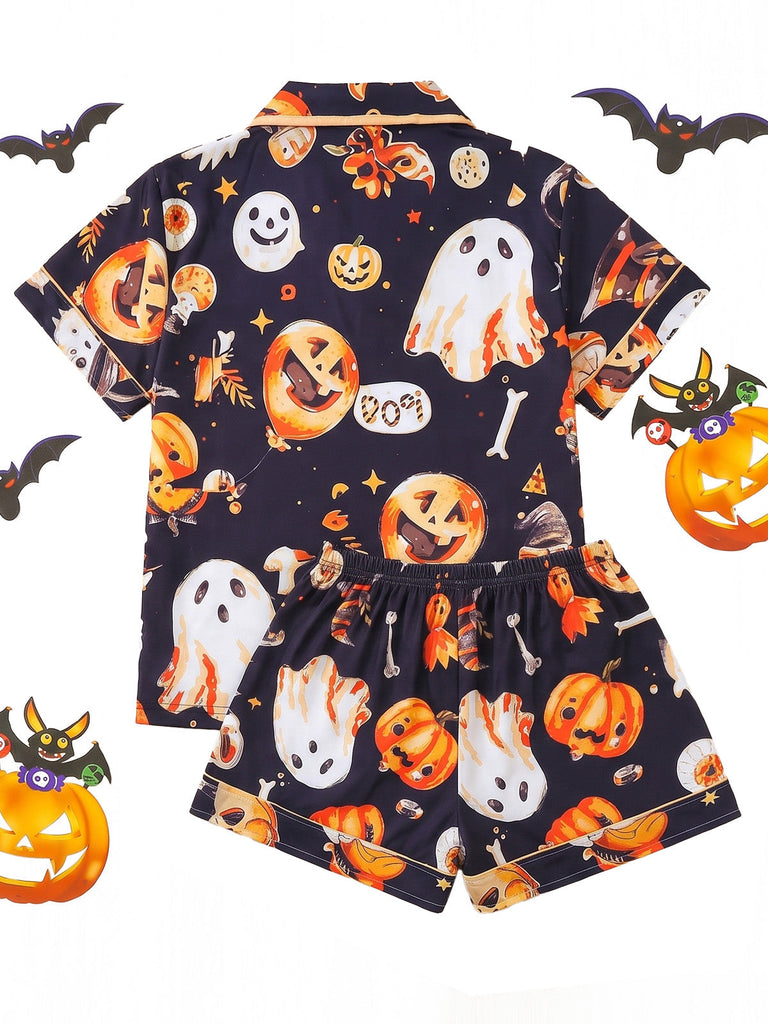 Ensemble pyjama d’Halloween à imprimé citrouilles et fantômes années 1970