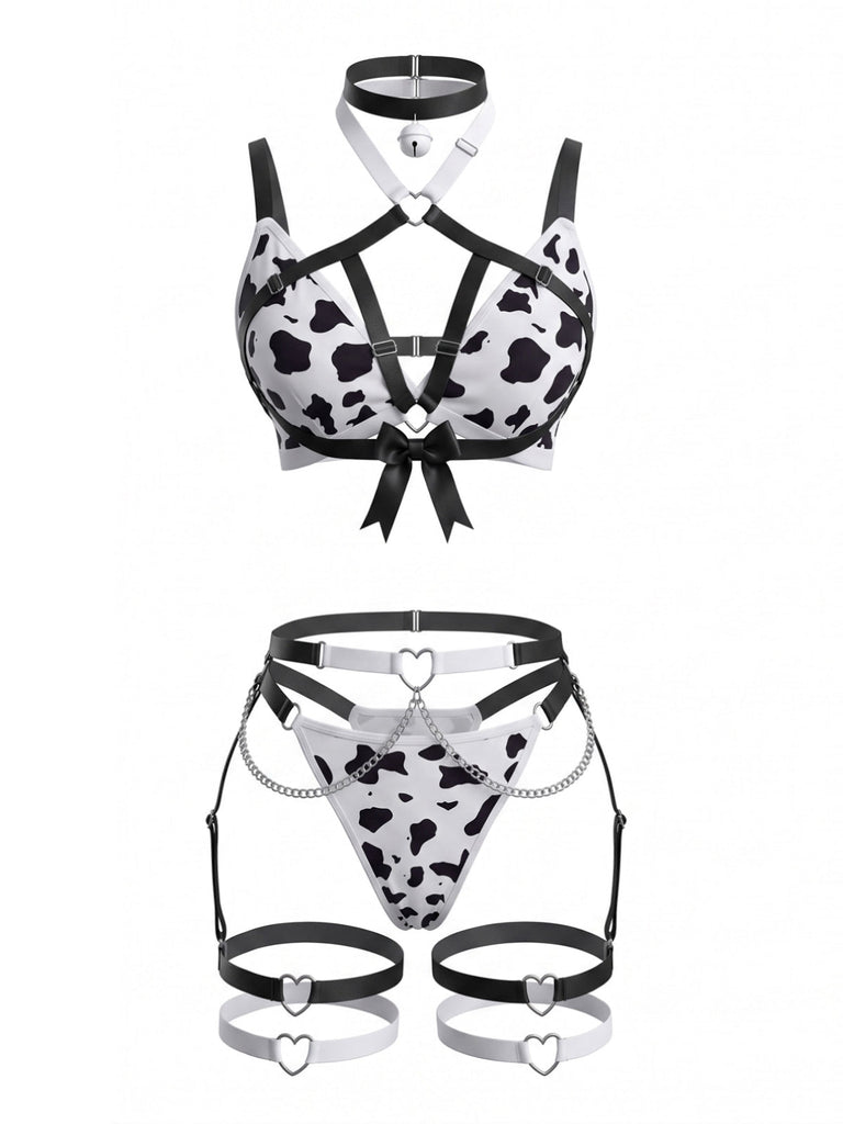 Ensemble lingerie sexy noir et blanc à imprimé vache et bretelles années 1980