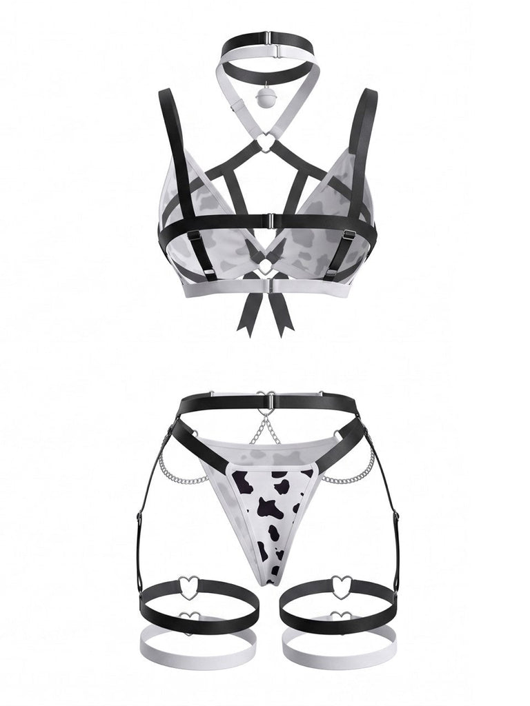 Ensemble lingerie sexy noir et blanc à imprimé vache et bretelles années 1980