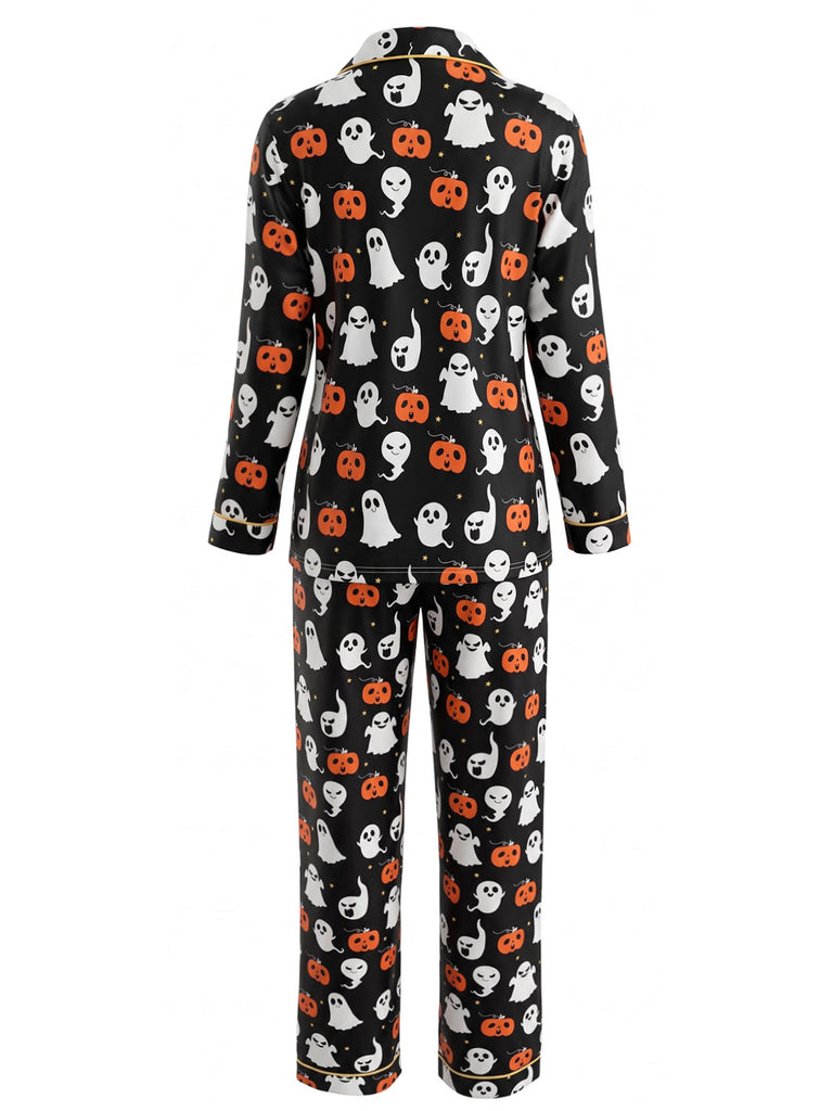Ensemble pyjama multicolore d’Halloween à fantômes et manches longues années 1940