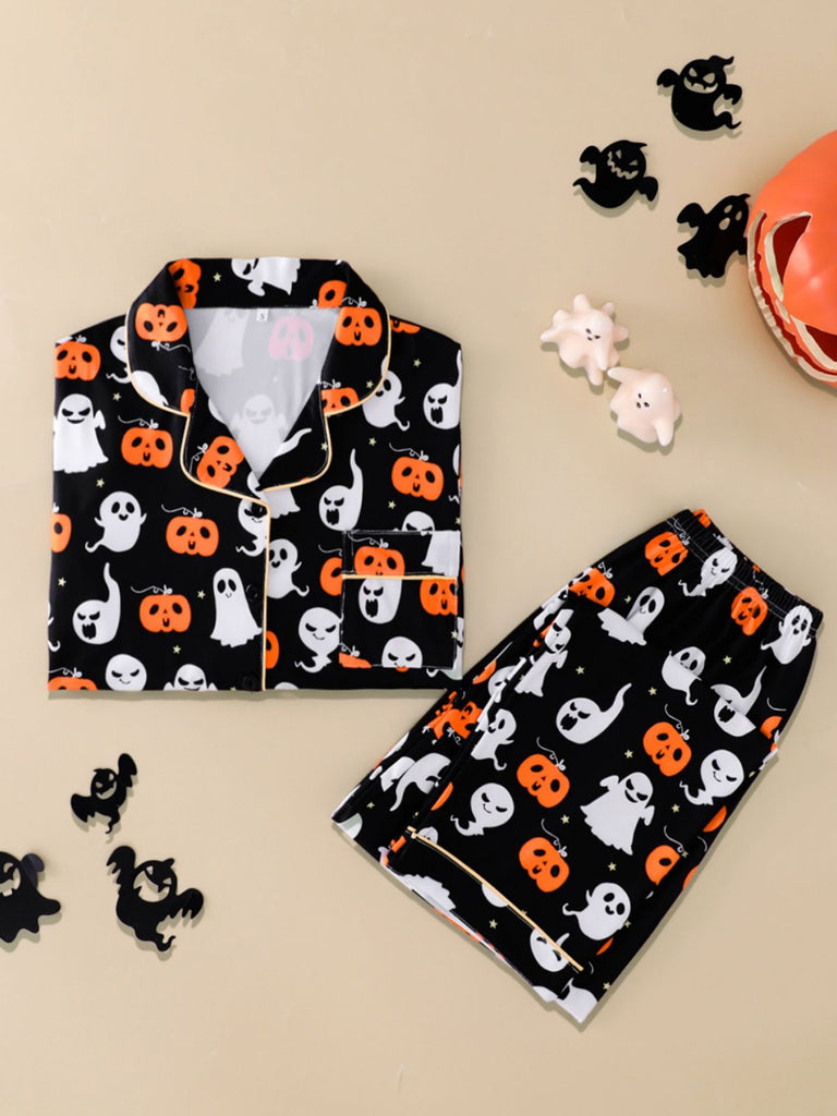 Ensemble pyjama multicolore d’Halloween à fantômes et manches longues années 1940