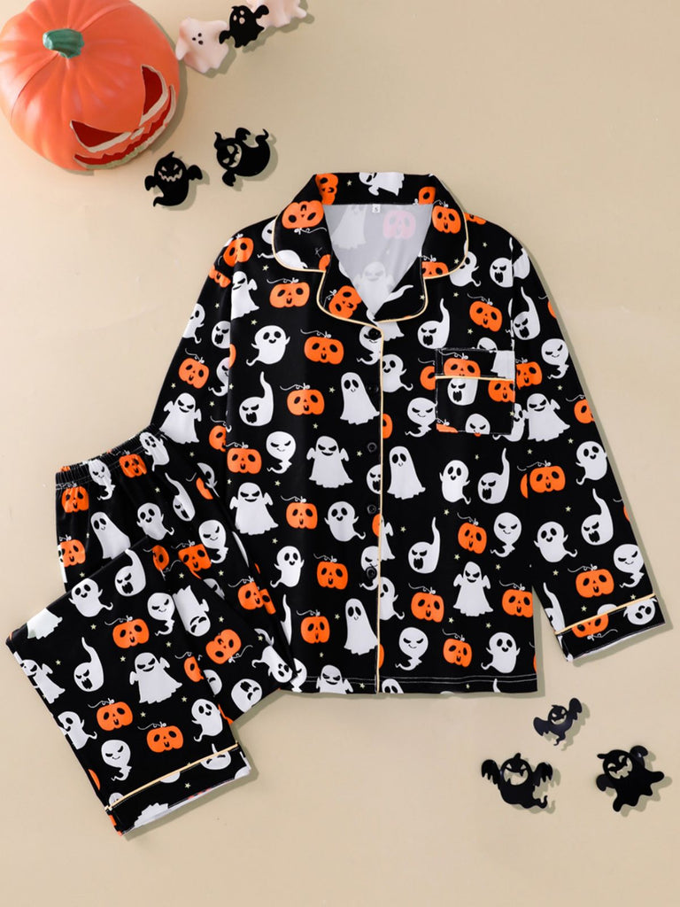 Ensemble pyjama multicolore d’Halloween à fantômes et manches longues années 1940
