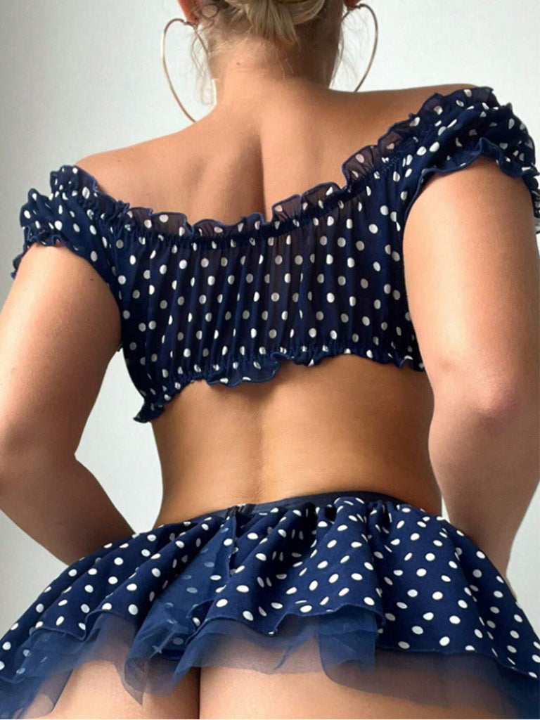 Ensemble lingerie à pois en tulle transparent et épaules dénudées Années 1950