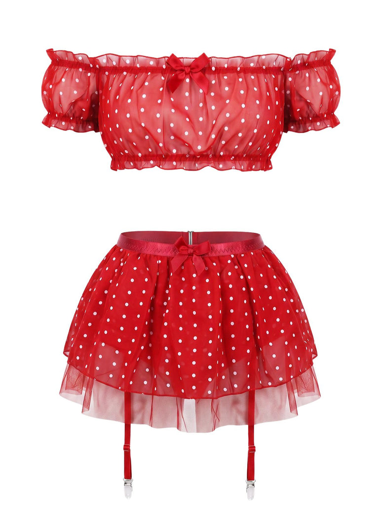 Ensemble lingerie à pois en tulle transparent et épaules dénudées Années 1950