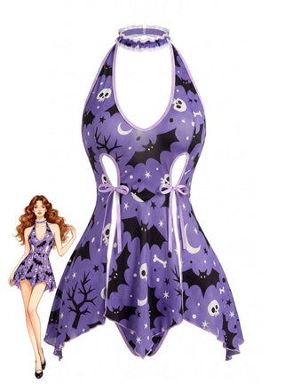 Nuisette violette d’Halloween à imprimé chauves-souris, bretelles et fente années 1960