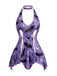 Nuisette violette d’Halloween à imprimé chauves-souris, bretelles et fente années 1960