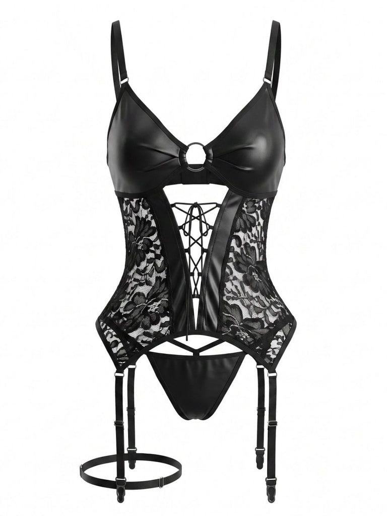 Ensemble lingerie noir en similicuir et dentelle avec porte-jarretelles années 1960