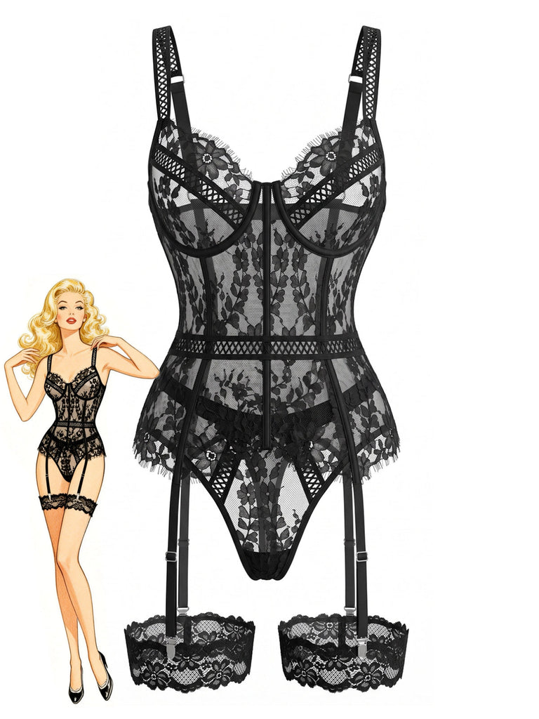 Ensemble de lingerie Teddy à fleurs, dentelle et porte-jarretelles années 1970