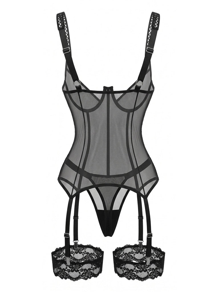 Ensemble de lingerie Teddy à fleurs, dentelle et porte-jarretelles années 1970
