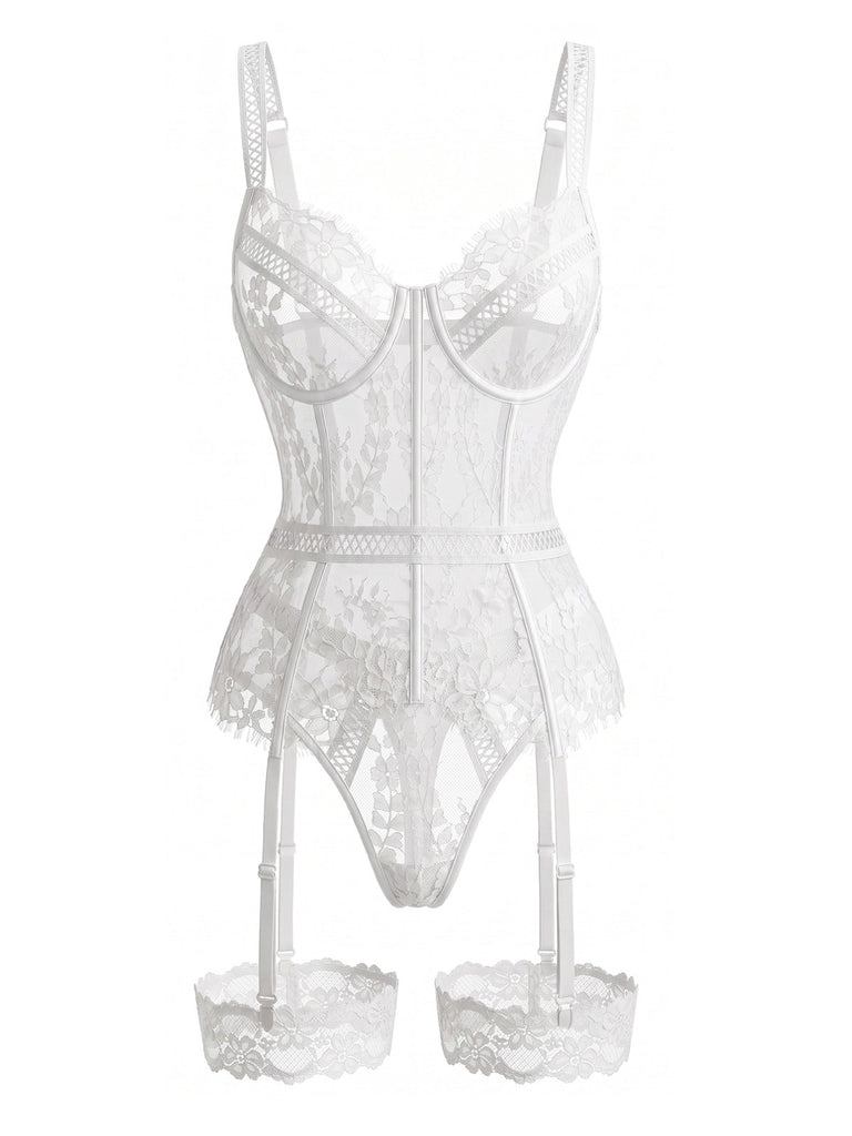 Ensemble de lingerie Teddy à fleurs, dentelle et porte-jarretelles années 1970