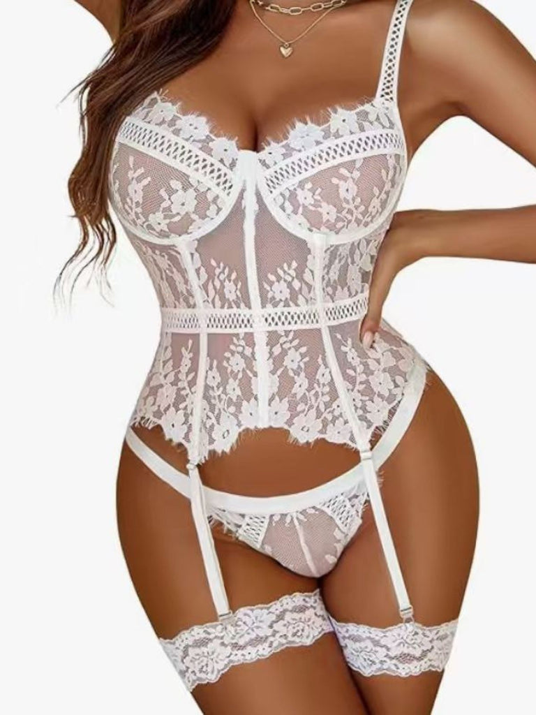 Ensemble de lingerie Teddy à fleurs, dentelle et porte-jarretelles années 1970