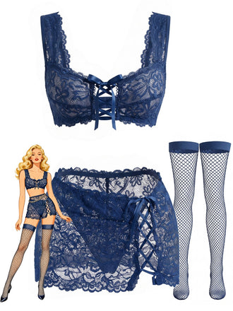 Ensemble lingerie en dentelle florale à laçage croisé années 1950