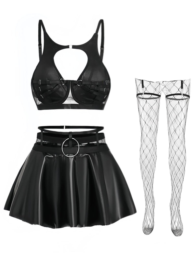 Ensemble lingerie sexy noir à bretelles et découpes années 1950