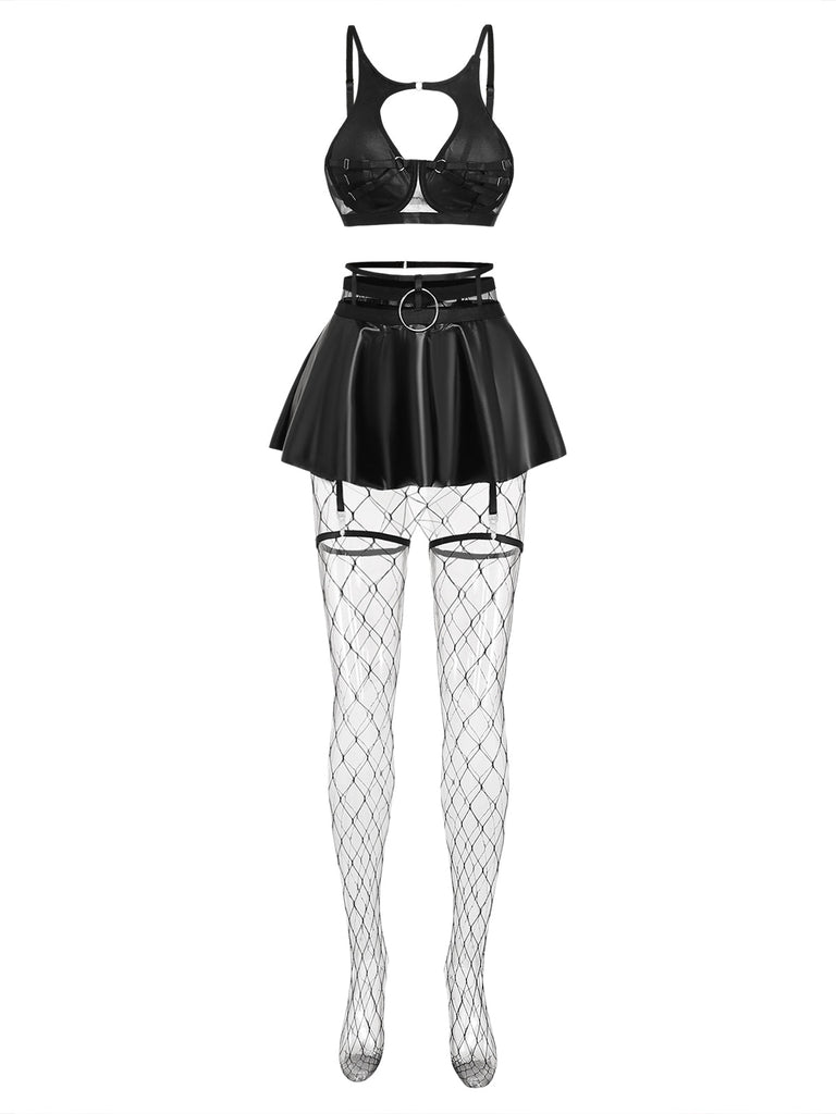 Ensemble lingerie sexy noir à bretelles et découpes années 1950