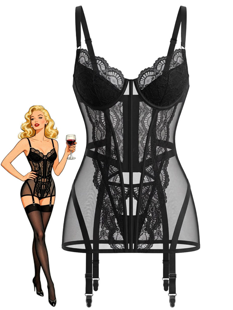 Ensemble lingerie nuisette transparente en dentelle et porte-jarretelles années 1950