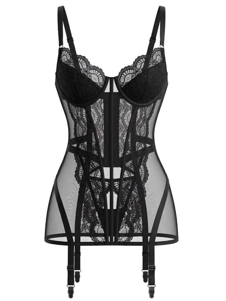 Ensemble lingerie nuisette transparente en dentelle et porte-jarretelles années 1950