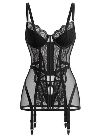 Ensemble lingerie nuisette transparente en dentelle et porte-jarretelles années 1950