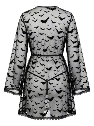 Peignoir noir d’Halloween en dentelle transparente à imprimé chauves-souris années 1960