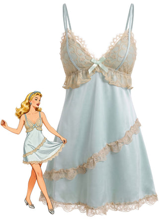 Nuisette Babydoll en satin à col V et bordure dentelle années 1950