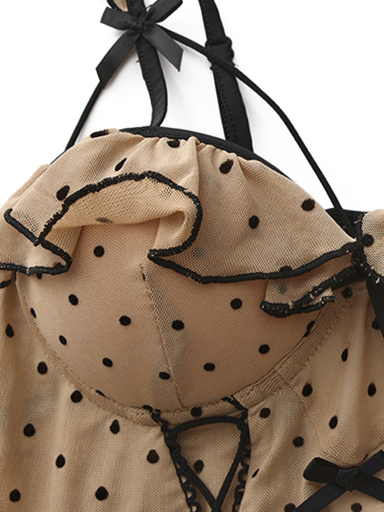 Nuisette babydoll kaki à pois, fines bretelles et dos nu années 1950