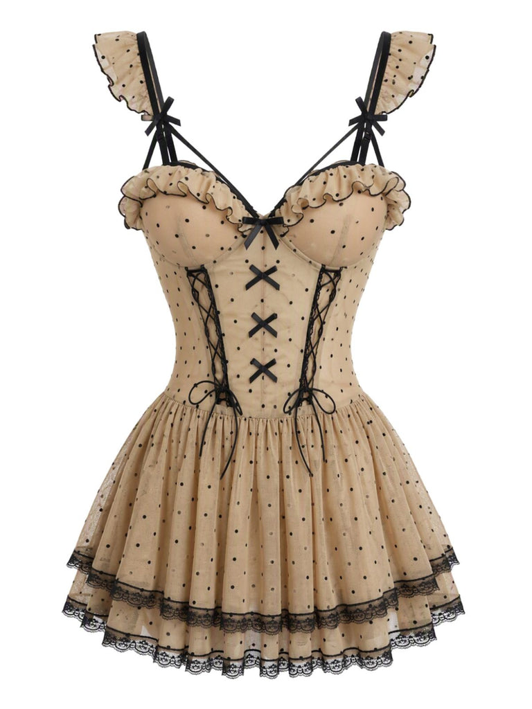 Nuisette babydoll kaki à pois, fines bretelles et dos nu années 1950