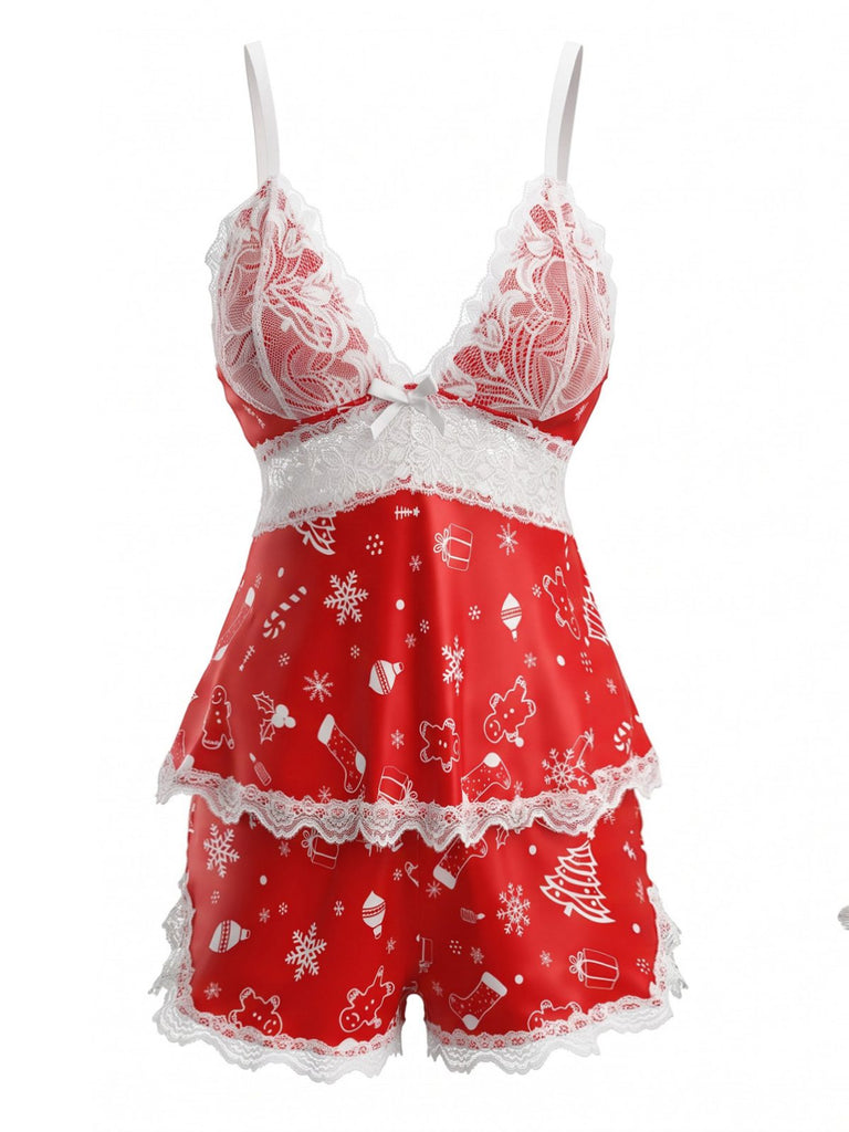 Ensemble de pyjama caraco motif Noël finitions dentelle années 1950