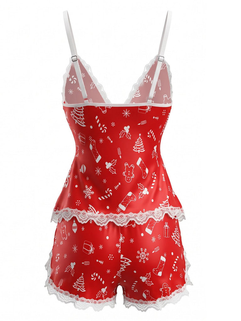 Ensemble de pyjama caraco motif Noël finitions dentelle années 1950