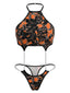 Lingerie Body orange motif tête mort pour Halloween dos nu et bretelles chaînettes années 50