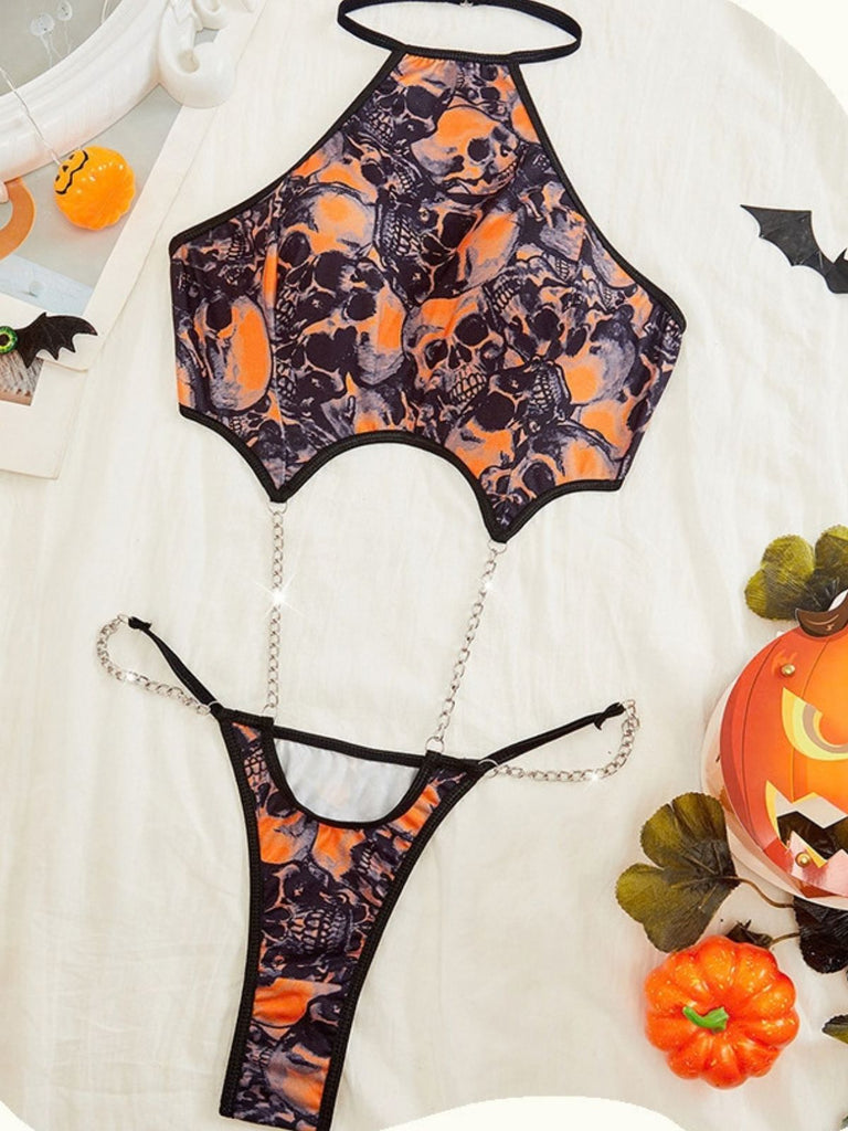 Body lingerie orange à col Halter, chaînes et crânes pour Halloween Années 1950 - 2
