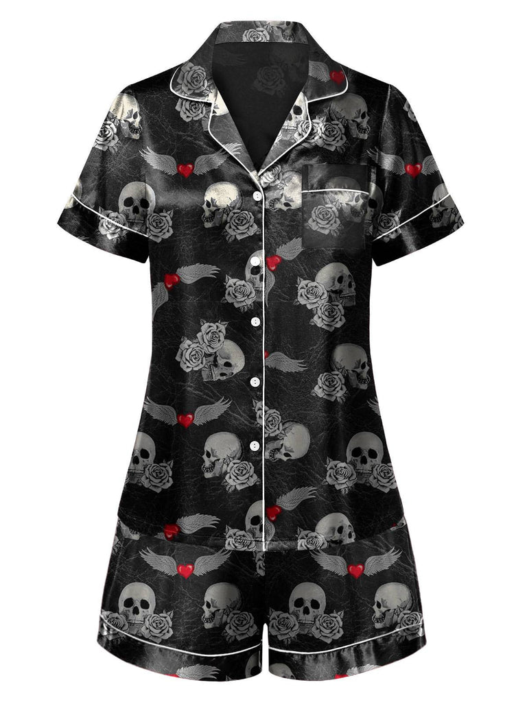 Pyjama noir à revers avec tête de mort et roses des années 1970