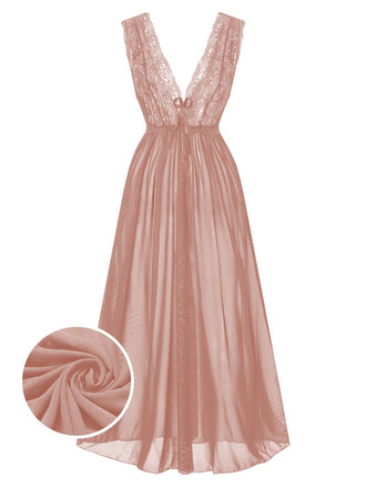 [Prévente] Chemise de nuit rose en maille et dentelle col en V profond des années 1930