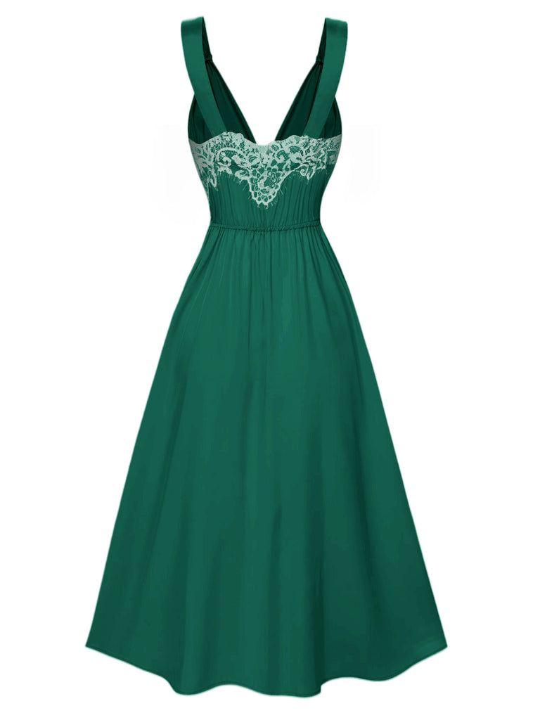 Chemise de nuit en satin vert uni en dentelle des années 1930