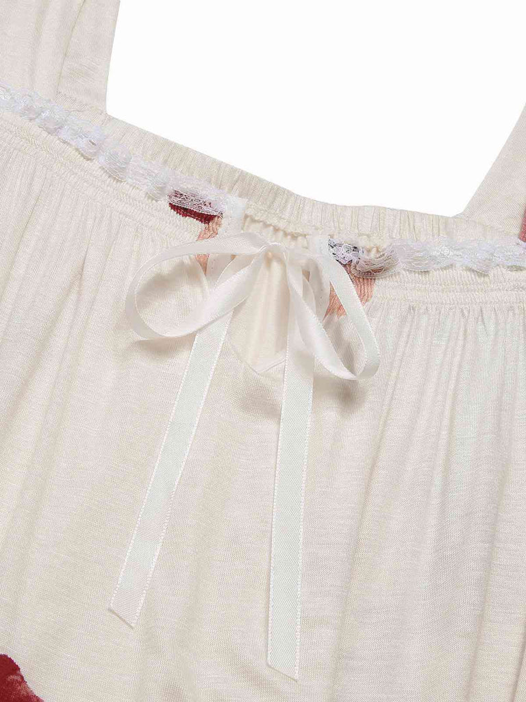 Chemise de nuit beige à fleurs manches bouffantes col carré des années 1930