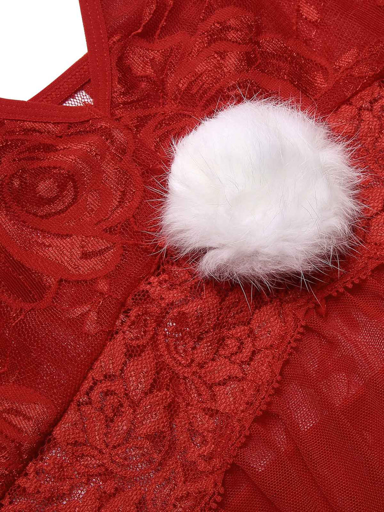 Chemise de nuit rouge à bretelles transparentes en dentelle de Noël des années 1950