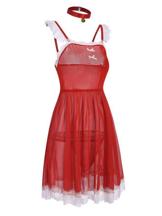 Chemise de nuit rouge transparente avec bordure en dentelle de Noël des années 1950