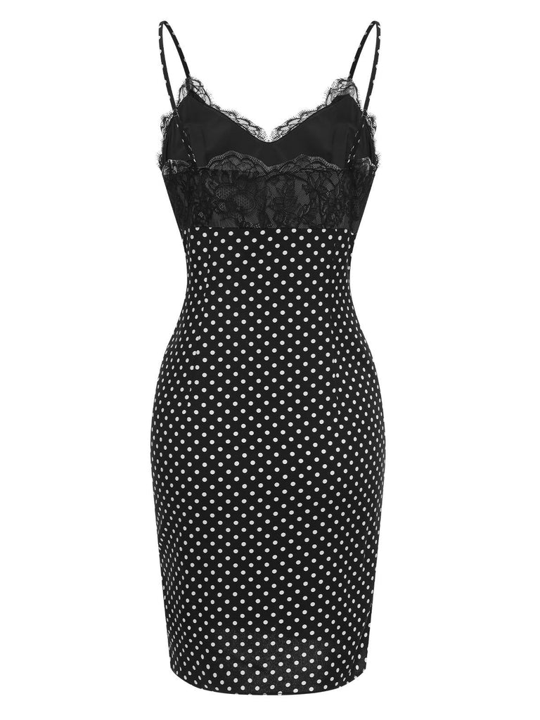 [Pré-vente] Chemise de nuit noire à pois  bretelles patchwork dentelle des années 1960