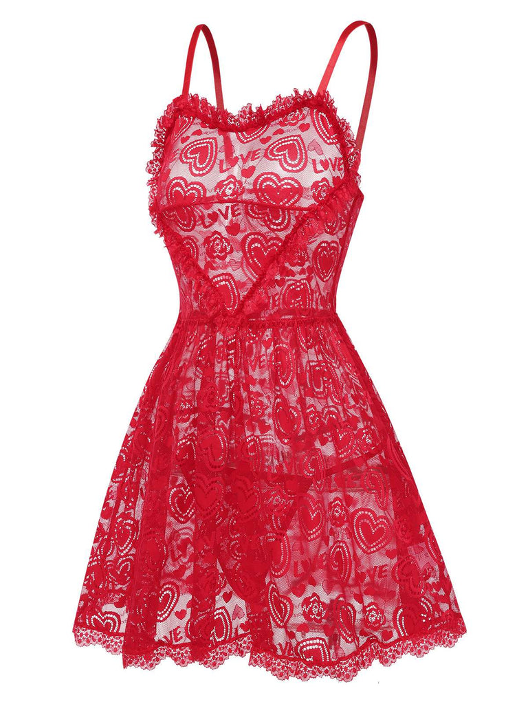 Chemise de nuit rouge à bretelles en dentelle cœurs de des années 1950