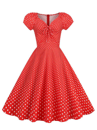 Robe pois rouge col en cœur avec nœud années 1950