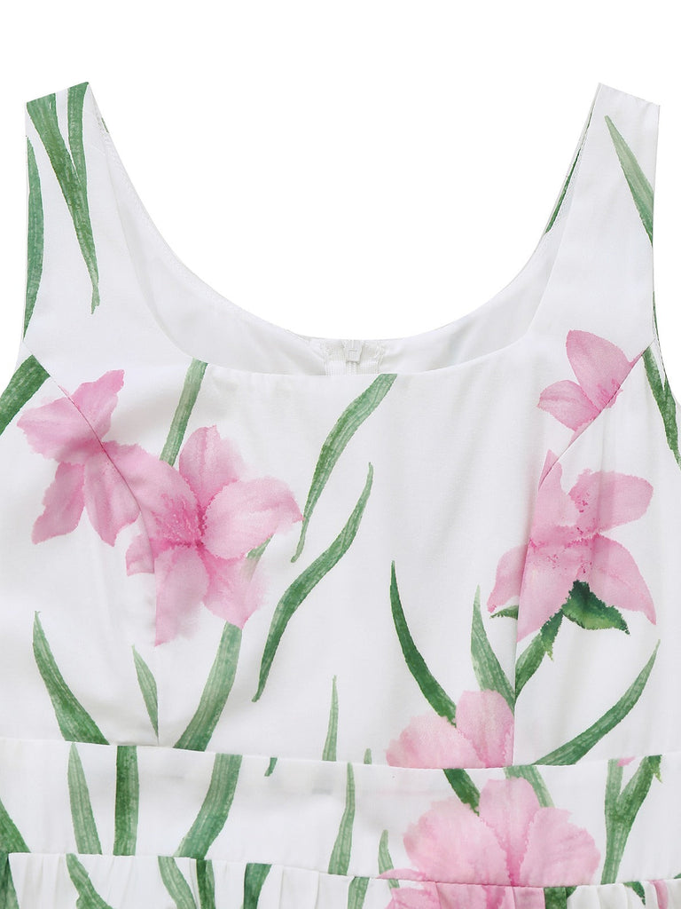 Robe longue blanche sans manches à col rond et imprimé floral années 1930