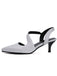 Silver glitter high-heeled shoes with black straps on a white background