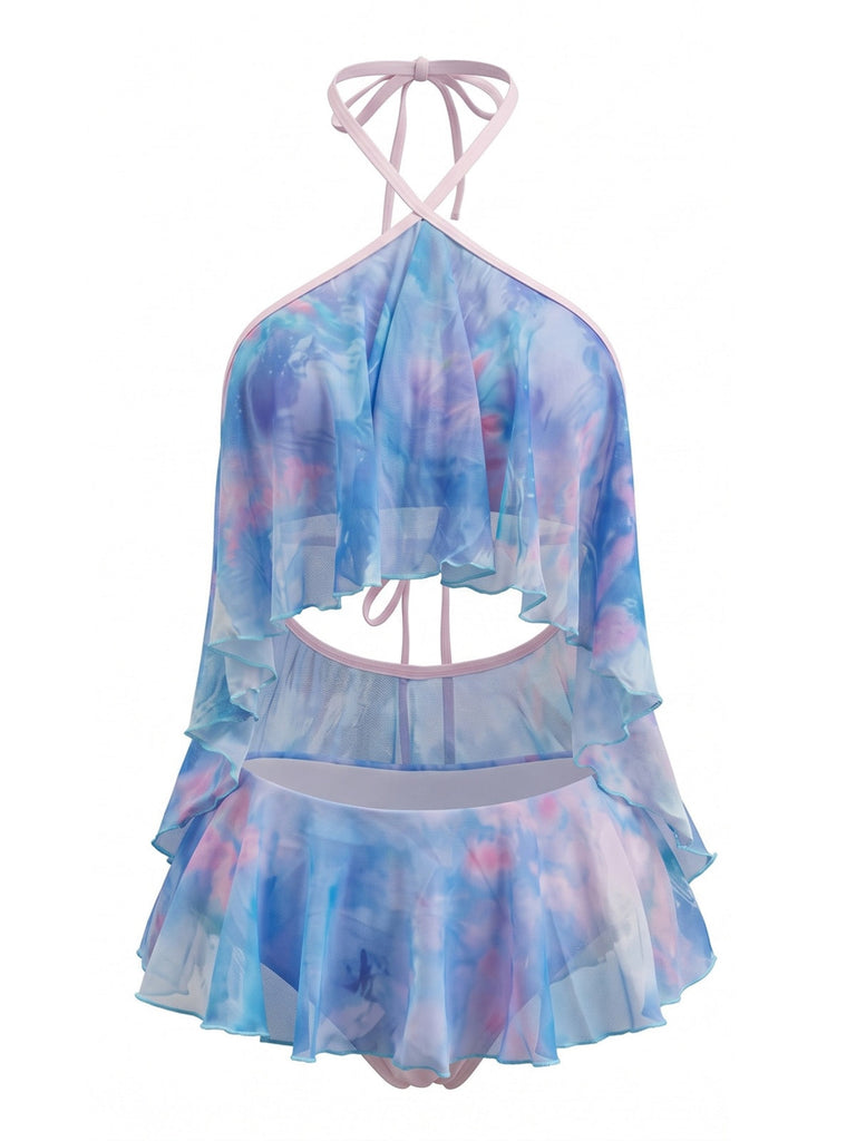 Ensemble Tankini Halter à Volants Ombré Bleu Ciel Années 80