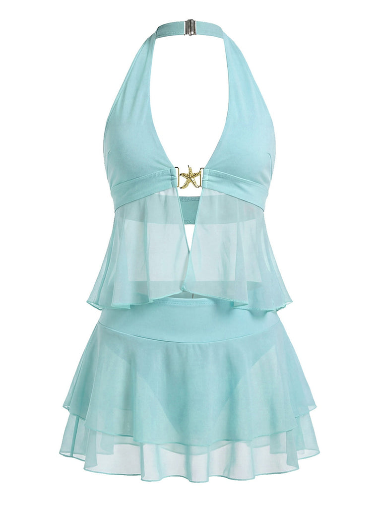 Tankini Turquoise Mousseline Halter à Volants Années 1950