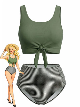 Ensemble Tankini Vert Olive Taille Haute Années 1940